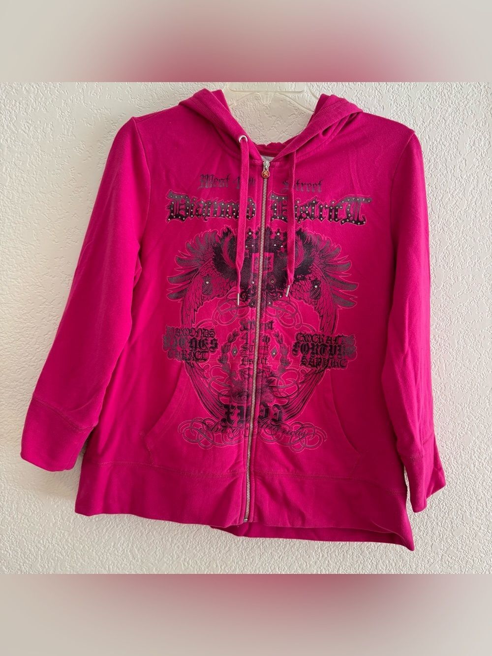 Y2K Express Pink Black Graphic Embellished Hoodie 3/4 Sleeve Grunge Goth M